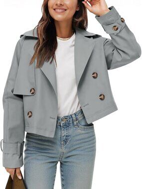 Women Dark Grey Cropped Double Breasted Oversized Lapel Collar Short Trench Coat